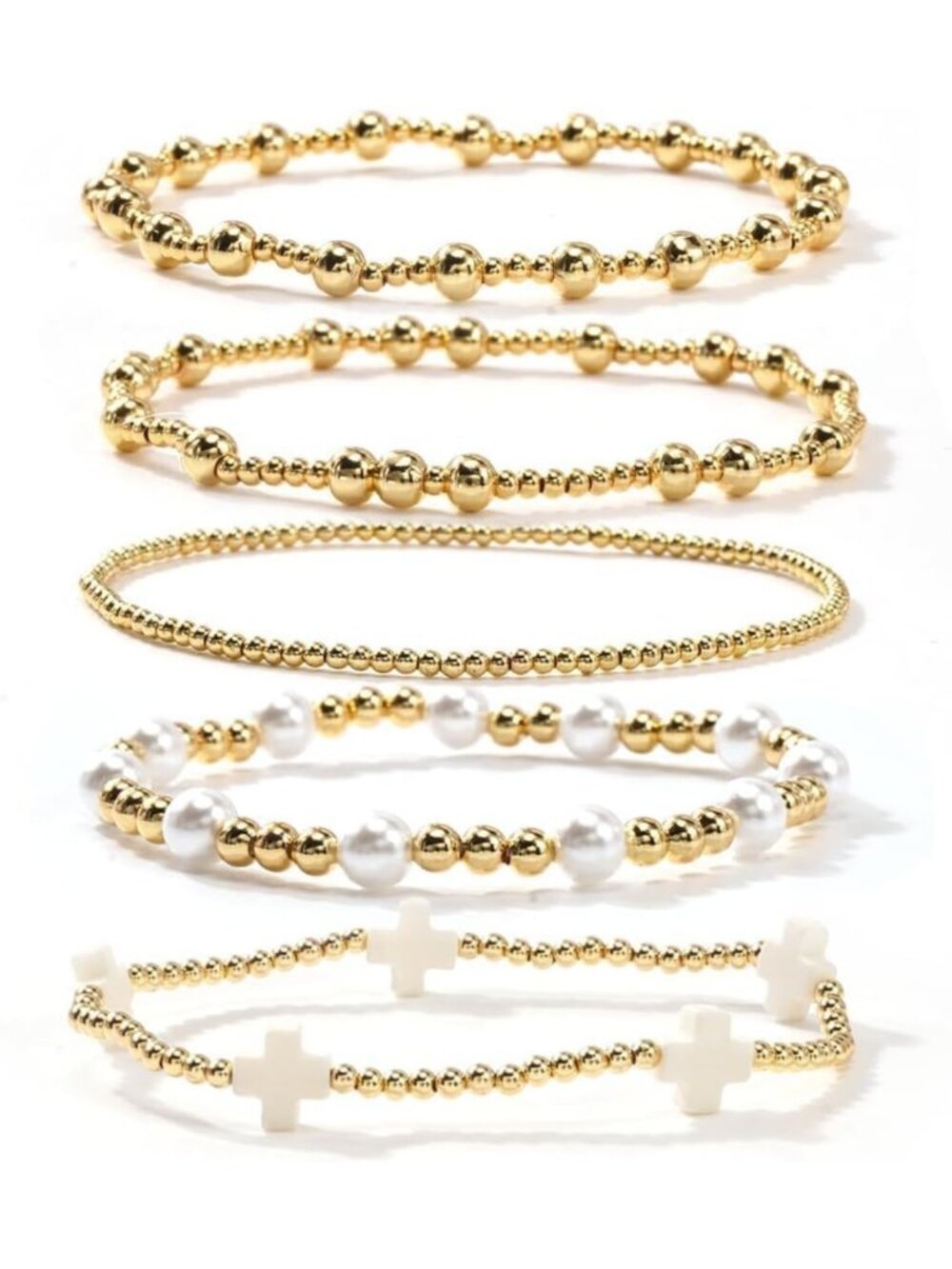 Dainty Gold Beaded Pearl Bracelet Stack - Handmade Boho Stretch Jewelry Gift